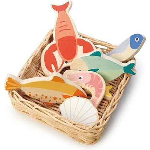 Tender Leaf Toys - Seafood Basket - 6 Pcs Wooden Seafood with Hand-Crafted Wicker Basket, Pretend Food Play Supermarket Shopping Game Play Kitchen Accessories - Age 3+