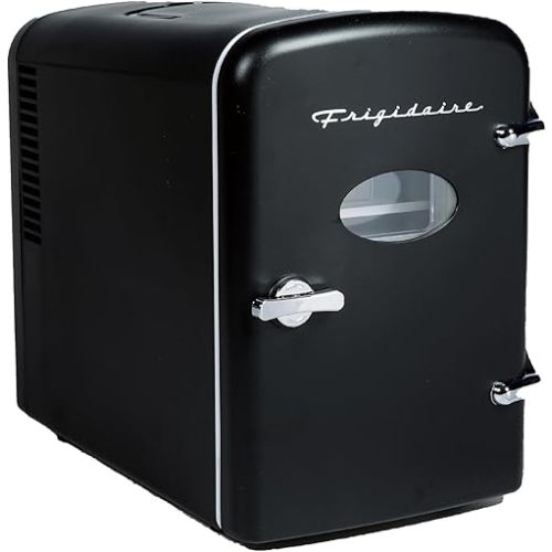 Frigidaire EFMIS137-BLACK EFR137BLACK Retro Mini Personal Fridge Cooler, Holds up to 6 Cans, Portable for Car, Office, Bedroom, Dorm Room, or Cabin, AC and DC Input, Black