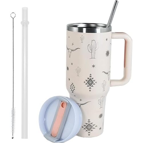 AGH 40 OZ Tumbler with Handle Laser Bull Head Pattern, Stainless Steel Insulated Cup with Straw, Travel Coffee Cup Portable Car Tumbler for Outdoor Camping, Birthday Gift (Rose Quartz)