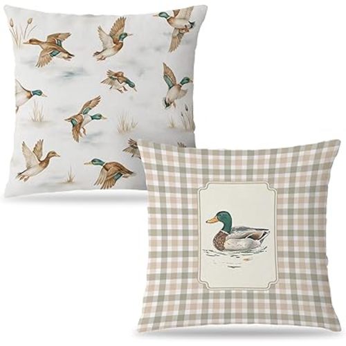 jkuitgdr Farmhouse Mallard Duck Hunting Pillow Covers 18x18, Mallard Duck Nursery Decor, Rustic Beige Gingham Wildlife Waterfowl Pillow Cover Pillowcase for Kids Room Cabin Home Bedroom Set of 2