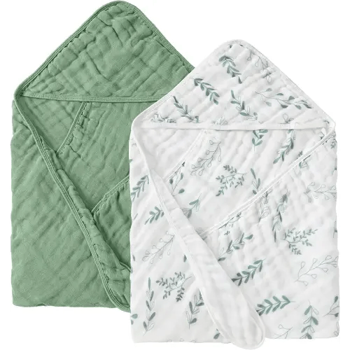 JELLYMONI Muslin Baby Hooded Bath Towels for Newborn, 2 Pack 100% Cotton Baby Bath Towel with Hood for Baby, Infant, Toddler and Kids, Large 32 x 32 Inch Baby Bath Towels Soft and Absorbent