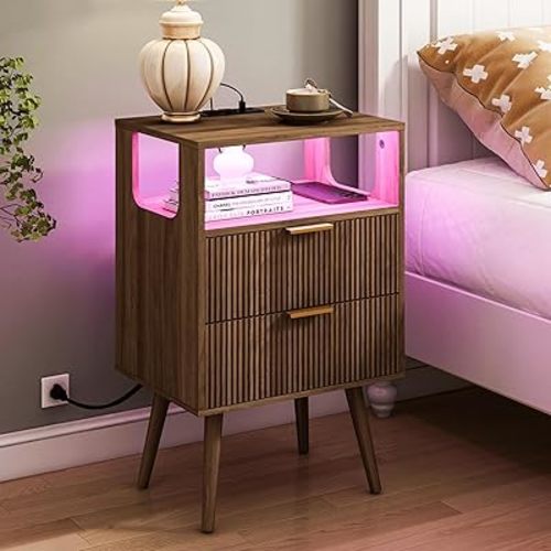 Nightstand with Charging Station and LED Lights,Modern Bedside Table with 2 Storage Drawer and Open Wood Shelf, for Bedroom and Small Spaces,Night Stand with Solid Wood Legs,Walnut Brown