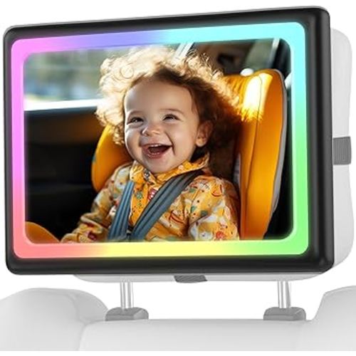 Baby Car Mirror with Color Light: Remote Play Sleep Wake Mode Car Seat Mirror with 7 RGB Colors Dimmable - Shatterproof Clear View Rear Facing Mirror for Newborn Infant Toddler