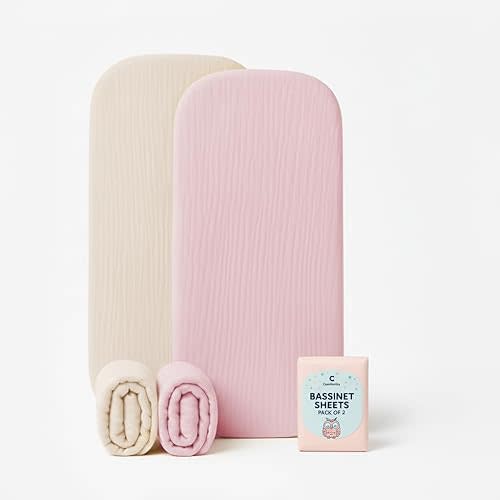 Muslin Bassinet Sheets Set of 2 Large Size 33x17 Pink & Beige Baby Bassinet Sheets, Soft Breathable Fitted Sheets for Bedside Sleeper, Gentle on Baby Skin, Stays Tight & Won’t Bunch Up