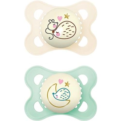 MAM Night Pacifiers (2 Pacifiers & Sterilizing Box), MAM Pacifiers 0-6 Months, Best Pacifier for Breastfed Babies, Unisex, Glow in the Dark Pacifier
