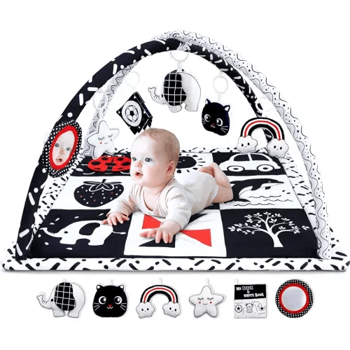 Black and White Baby Gym Play Mat with 6 Toys Tummy Time Activity Mat for Babies 0-6 6-12 Months High Contrast Baby Gyms & Playmats Sensory Toys Newborn Brain Development Infant Play Mat Baby Gifts