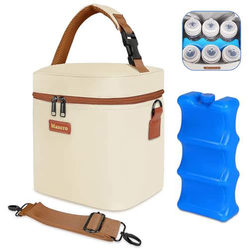 Mancro Breast Milk Cooler Travel Bag with Ice Pack, Insulated Baby Bottle Bag Fits for 6 Baby Bottles Up to 9 Ounce with Detachable Shoulder Strap, Breastmilk Cooler for Working Mom or Daycare, Beige