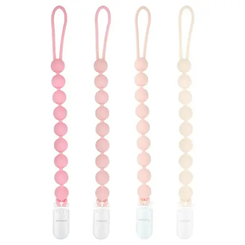 4 Pack Silicone Pacifier Clips for Girls, One Piece Flexible Soft Binky Clips Baby Stuff and Gifts for Girls
