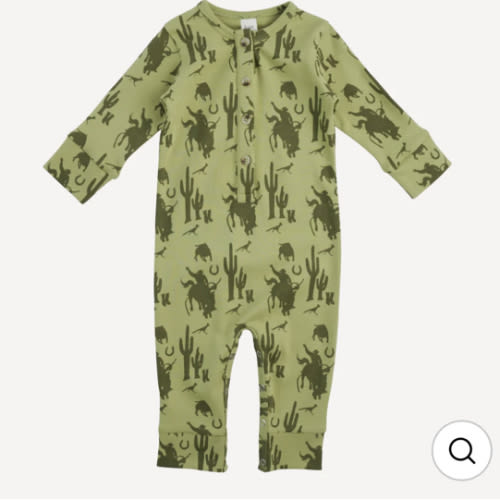long sleeve two way zipper footie | olive cowboy | organic cotton interlock
