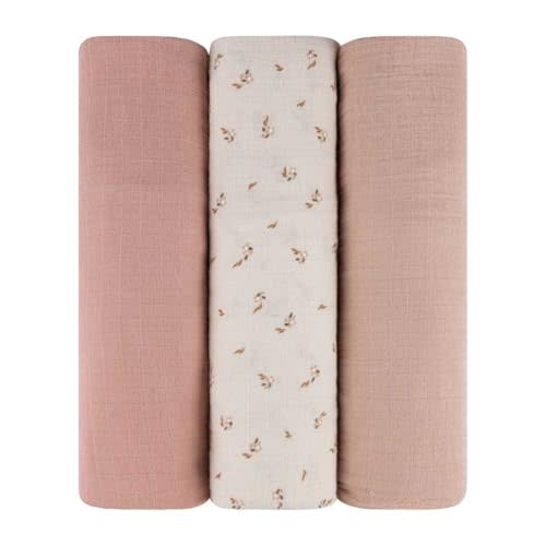 Ely's & Co. Muslin Swaddle Blankets 3-Pack for Baby Girl, 100% Cotton Muslin Extra Large Swaddle Receiving Blankets, 47”x47” (Pink-Cream Floral)