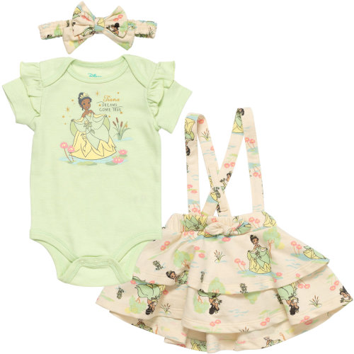 Disney Princess Tiana Infant Baby Girls French Terry Bodysuit Jumper and Headband 3 Piece Outfit Set Newborn to Infant
