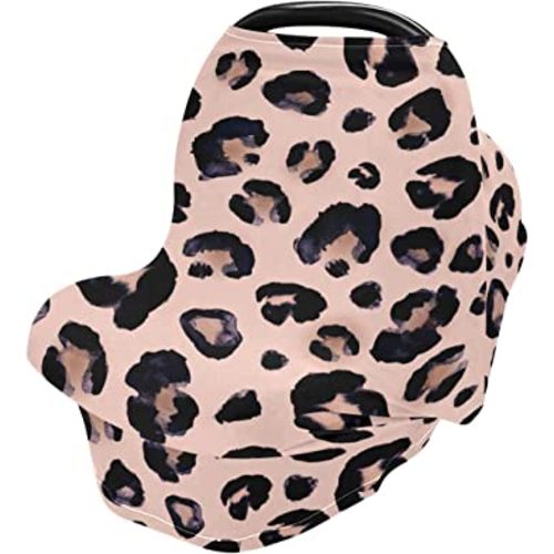 Pink Black Leopard Baby Car Seat Covers, Nursing Cover Breastfeeding Scarf Soft Breathable Stretchy Coverage, Infant Stroller Cover for Boys Girls