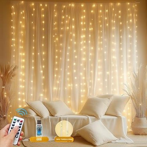 2 Pack Fairy Curtain Lights Upgraded 100% Tangle-Free Warm White USB Plug in 8 Modes String Hanging Lights with Remote for Christmas, Bedroom, Indoor, Outdoor, Weddings, Party (6.6FTx6.6FT)