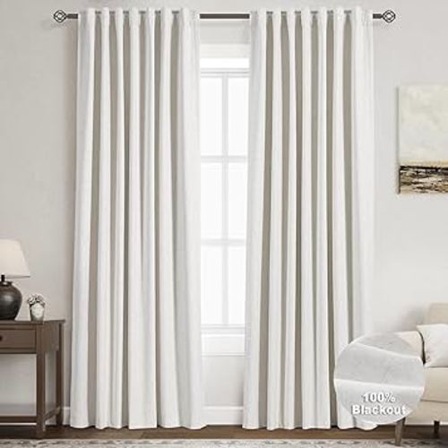 100% Blackout Linen Curtains 90 inch Length 2 Panels for Living Room Loop Pocket Pinch Pleated Black out Drapes Cream Colored Heat Reducing Total Blackout Window Curtains for Bedroom 90 inches Long