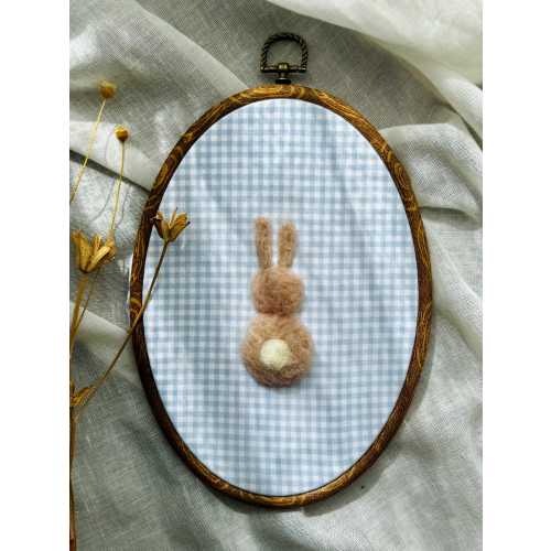 Felted Vintage Nursery Bunny on Blue Gingham Cotton Fabric - Embroider Hoop Wall Art