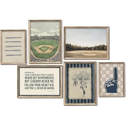 WWN Vintage Baseball Canvas Wall Art Set of 6 Baseball Field Stadium Picture Wall Decor Sports Inspirational Quotes Poster Painting Prints Artwork for Boys Room Office Teen Room Home Decor