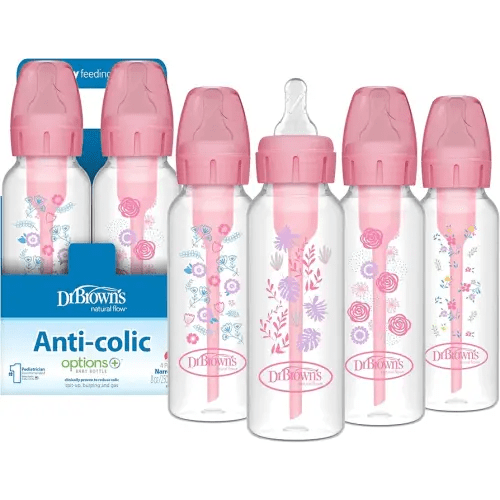 Dr. Brown's Natural Flow Anti-Colic Options+ Narrow Baby Bottle, Pink Floral, 8 oz/250 mL, with Level 1 Slow Flow Nipples, 0m+, 4 Pack