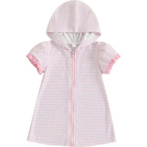 Girls Striped Swim Cover Up Beachwear Short Sleeve Zip Up Hooded Terry Swim Coverups One Piece Swimsuits Swimwear