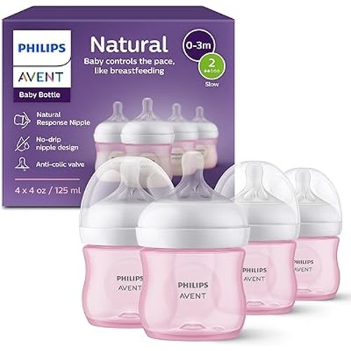 Philips Avent Baby Bottles - 4 oz, Slow Flow (Flow 2), Pink