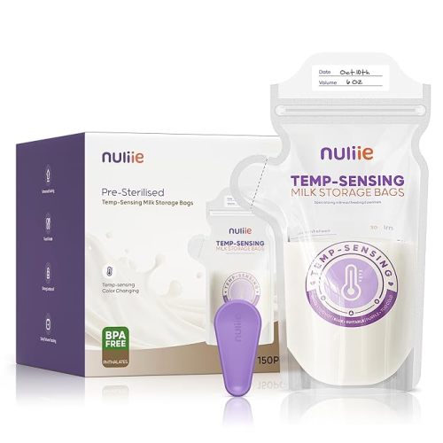 Nuliie 150pcs Temp-Sensing Breastmilk Storage Bag, Huge Temp-Sensing Icon & Locking Clamp, 6oz Breast Milk Storage Bags Freezer Pour Spout, Self Standing Milk Storage Bags Breastmilk, BPA-Free No-Leak