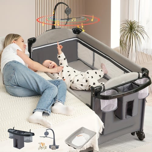 5-in-1 Youngsters Playpen with Diaper Changer, Music, and Storage – Light Gray Fabric Design for Youngsters to Youngsters, Spacious Entertainment & Care Area with Rotating Toy Function, Youngsters Toys