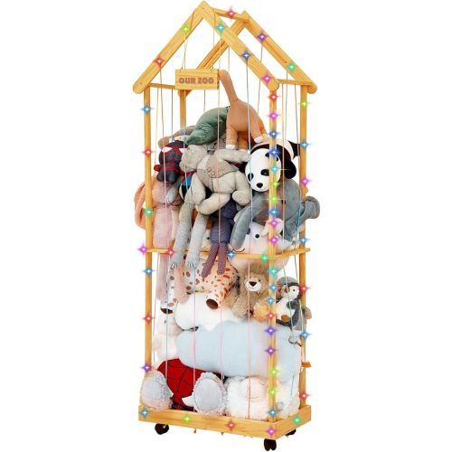 Stuffed Animal Zoo Storage Doodleable Wooden Stuffed Animal Toy Storage Organizer w/LED Light Large Stuffed Animal Holder w/360°Swivel Wheel for Nursery Playroom Bedroom Kids Room