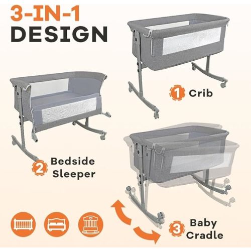 Bedside Crib for Baby, 3 in 1 Bassinet with Large Curvature Cradle, Bedside Sleeper Adjustable and Movable Beside Bassinet with Mosquito Nets, Safety Certificattion Guarantee (Grey)