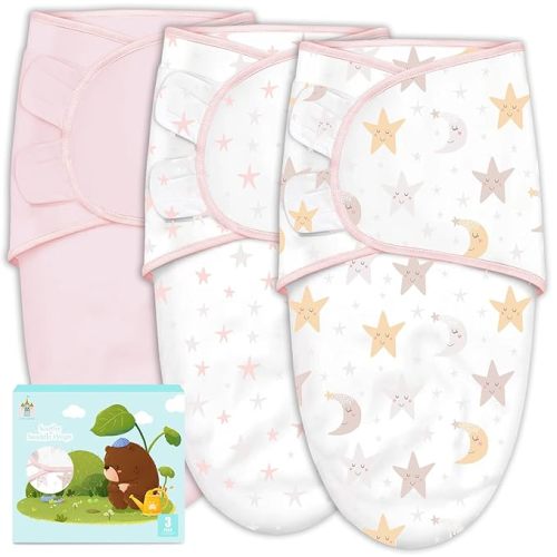 Cute Castle 3-Pack Baby Swaddle Sleep Sacks - Newborn Swaddle Sack - Ergonomic Baby Swaddles Blanket Warp for Boys and Girls - Baby Essentials (0-3 Months - Pink, Moon, Stars)