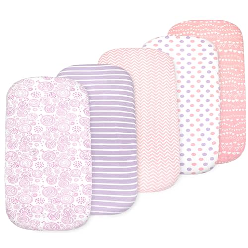 Bassinet Sheets Girl– 5-Pack Soft Fitted Bassinet Sheets, Organic Cotton, Breathable & Cozy, Fits 32x16x4 Inch Rectangle, Oval & Hourglass Mattresses (Lavender-Pink)
