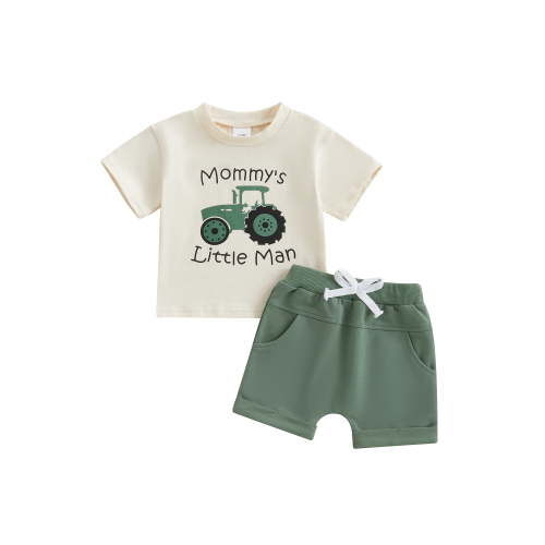 Toddler Baby Boys Summer Shorts Outfits Sets 3 6 12 18 24 Months 2T 3T Tractor Letter Print Short Sleeve Round Neck Tops Elastic Waistband Shorts Clothing Set