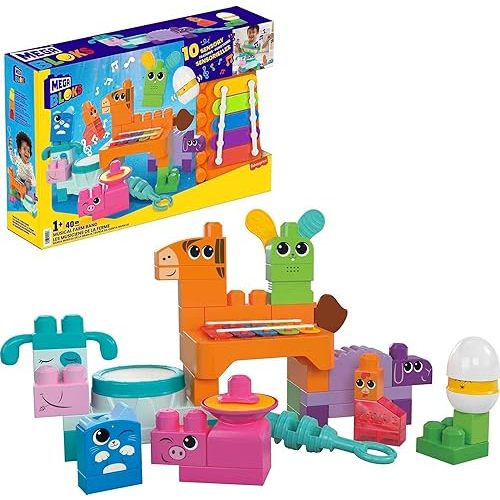 MEGA BLOKS Fisher-Price Toddler Building Blocks Toy Set, Musical Farm Band with 40 Pieces and 6 Music Sheets, Ages 1+ Years