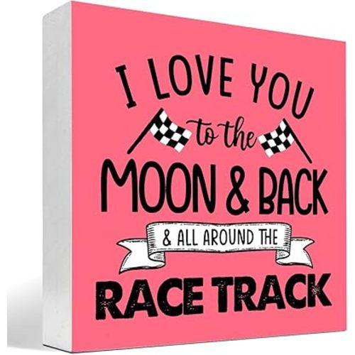 z-crange I Love You To The Moon And Back And All Around The Race Track Wood Box Sign Desk Decor,Farmhouse Racing Checkered Flags Box Block Sign for Home Boys Room Shelf Table Decor Decorations Red