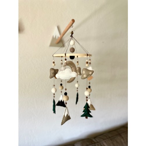 Felt mountain mushroom mobile; Boy or Girl woodland nursery decor; monochromatic black neutral rustic decor; black, neutral, green nursery