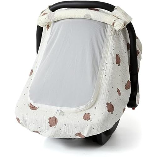 Muslin Cotton Baby Car Seat Cover for Boys and Girls, Summer Baby Car Seat Covers Infant Car Seat Canopy with Breathable Mesh Window Windproof Carseat Cover for Babies (White)