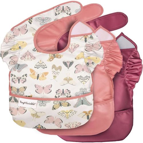 Tiny Twinkle Mess-Proof Baby Bibs for Eating | Waterproof, Wipeable Toddler Bibs with Catch-All Pocket | Feeding Bibs for Girls & Boys(3 Pack,Flutter Set)