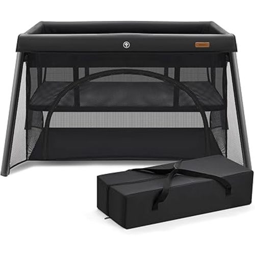 HARPPA Travel Crib with Comfy Mattress, Lightweight Portable Crib Requires No Assembly, Foldable Pack and Play for Baby and Toddlers, Compact Play Yard with Bed,Black