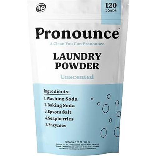 Pronounce Laundry Detergent Powder Alternative | Non-Toxic, Eco-Friendly, Natural for Sensitive Skin, Eczema, and Babies. Stain + Smell Fighting. HE Safe (Unscented, 120 Loads)
