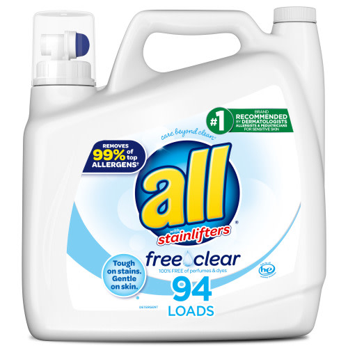 all Liquid Laundry Detergent, Free & Clear, Hypoallergenic, Dermatologist Recommended, 141 Ounce, 94 Loads