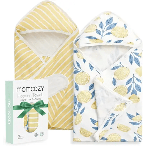 Momcozy Baby Hooded Towel, 2 Pack Baby Towel Set, Super Soft Bath Towel with Original Design, Shower Gifts for Infant, Toddler (28 X 28 Inch, Lemon Leaves)