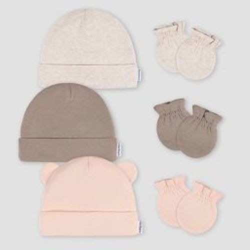 Gerber Baby 6pk Hat & Mitten Set - Pink: Cotton Knit, Elastic Cuffs, Midweight Fabric, 0-12 Months, Machine Washable
