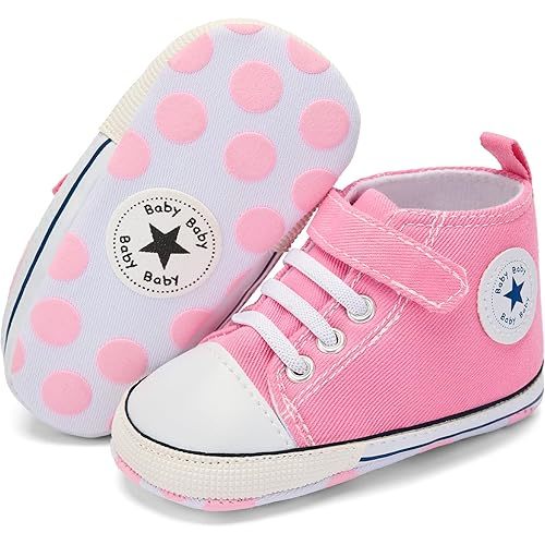 BACSAC Baby Boys Girls Canvas High Top Shoes Newborn Infant First Walking Sneakers with Hook and Loop Breathable Lightweight Non-Slip