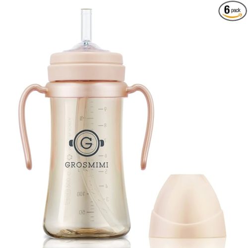 GROSMIMI Spill Proof no Spill Magic Sippy Cup with Straw with Handle for Baby and Toddlers, Customizable, PPSU, BPA Free 10 oz (Peach)