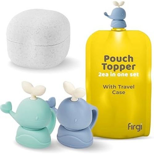 Whale SoftSip Food Pouch Topper | 2EA + Travel Case | Prevent Spills & Leakage | Protect Child Baby Toddler Mouth | Food Grade Silicone Reusable | Baby Led Weaning | BPA Free| Mint+Blue