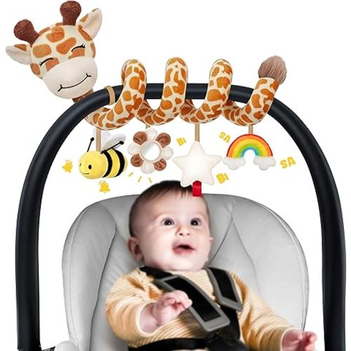 Stuffed Spiral Car Seat Baby Toys 0-6 Months, Infant Giraffe Sensory Toys Hanging Stroller Accessories, Newborn Shower Gifts for Baby Boys Girls Essentials | Cute Colorful Giraffe