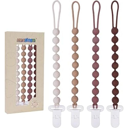 One Piece Design Silicone Pacifier Clip Holder,Pack of 4 Flexible Paci Leash,Binky Clips with Textures for Baby Boys and Girls,Newborn Essential (Brown)