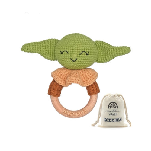 DICHA Wooden Baby Rattle-Crochet Baby Rattle- Infant Rattle Sensory Development Wooden Toys Set-Includes Beech Wooden Teething Ring- Baby Teether for Star Wars Fans The Baby Child