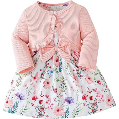 Rosibel Toddler Baby Girls Dress and Cotton Cardigan Set for 6M-3T Spring Summer Fall Outfits