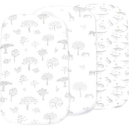 Baby Bassinet Sheet Set for Boy and Girl, 3 Pack Organic Cotton Universal Fitted Bedding Cover for Oval, Hourglass & Rectangle Bassinet Mattress, Fitted Sheets Size 32 x 16 x 4 Inches (Soft Grey)