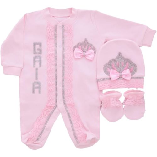 Custom Newborn Baby Clothes Set for Girls – 3 PCS Personalized 100% Cotton Romper, Cap, and Mittens – Unique Outfit