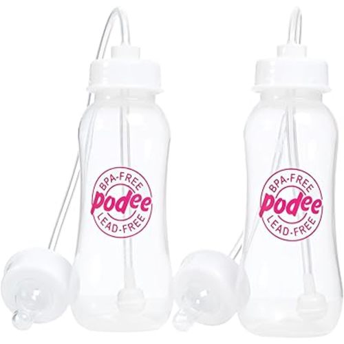 Hands-Free Baby Bottle - Anti-Colic Self Feeding 9 oz Baby Bottle Nursing System with Fast Flow Nipple/Teat 3m+ Infant (2 Bottles - Podee Pink)